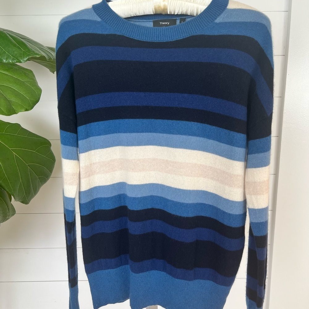 Theory Blue Stripe Cashmere Sweater | Women’s Large | Oversized Fit - Picture 3 of 6